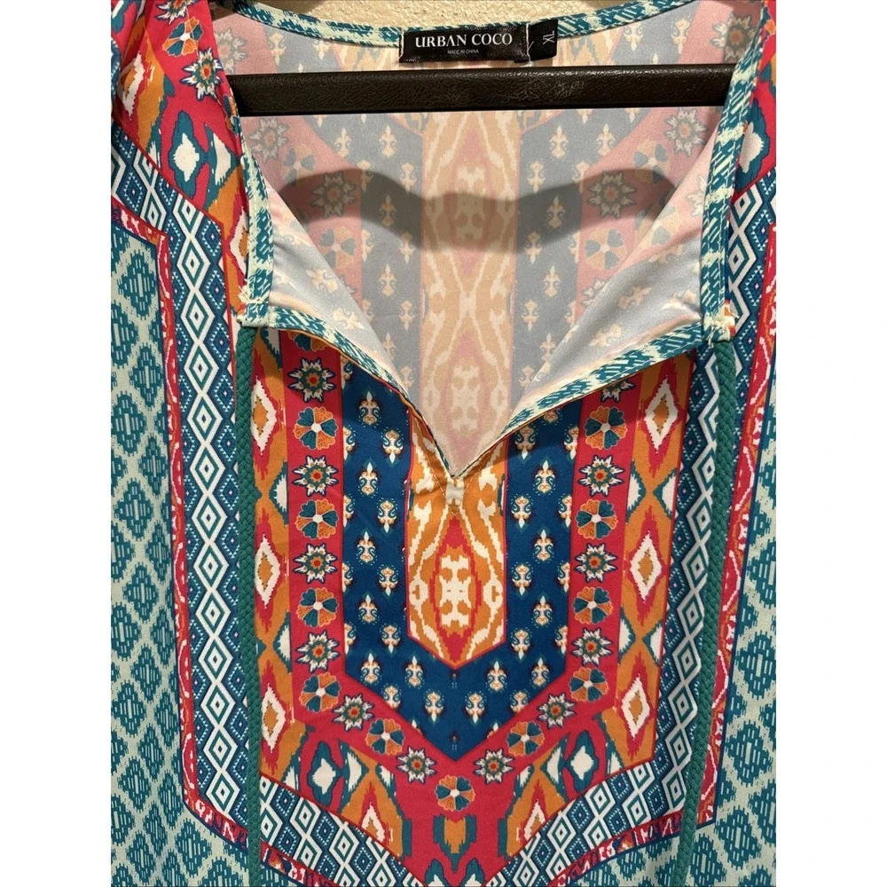 Urban Coco Tunic Dress Size XL Colorful Blue Ruched 3/4 Sleeves Boho Shirt Dress